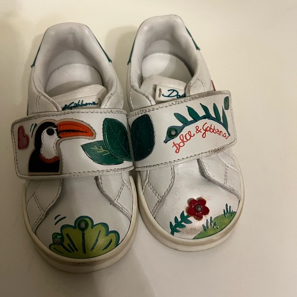 Gabbana Girls White/ Green  Portofino Leather Sneakers Sz 22, US 6.5 - Picture 3 of 13